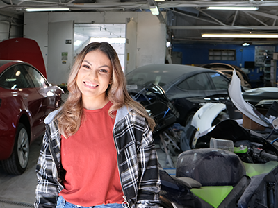 Jessica Rosales, owner of J & M Auto Body in San Fernando Valley, a rare woman owned body shop