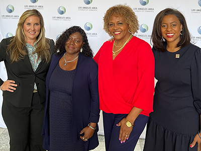 (left to right) Caroline Tarosis, Senior Deputy of Workforce Development & Economic Opportunity for the LA County Board of Supervisors; Carolyn Hull, General Manager of LA City's Economic & Workforce Development Department (EWDD); Angela Gibson-Shaw, President of the Greater Los Angeles African American Chamber of Commerce (GLAAACC); and Capri Maddox, Executive Director of the City’s Civil+Human Rights and Equity Department - pictured at the September 8, 2022, Los Angeles Area Chamber of Commerce ACCESS LA event