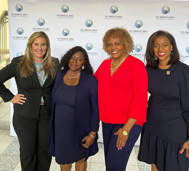 (left to right) Caroline Tarosis, Senior Deputy of Workforce Development & Economic Opportunity for the LA County Board of Supervisors; Carolyn Hull, General Manager of LA City's Economic & Workforce Development Department (EWDD); Angela Gibson-Shaw, President of the Greater Los Angeles African American Chamber of Commerce (GLAAACC); and Capri Maddox, Executive Director of the City’s Civil+Human Rights and Equity Department - pictured at the September 8, 2022, Los Angeles Area Chamber of Commerce ACCESS LA event