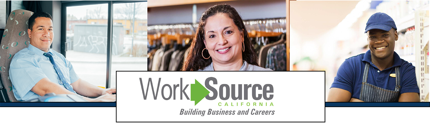 WorkSource clients, a bus driver, a retail associate and a warehouse employee with the WorkSource logo