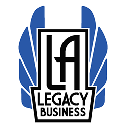 Legacy Business Program logo: program name between blue and black art deco style wings