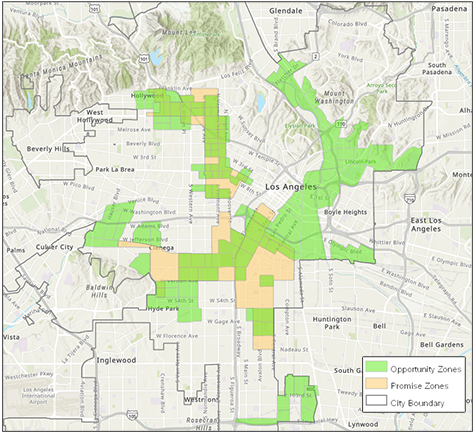 map of the Los Angeles Promise Zone within the boundaries of LA Opportunity Zones (LA Department of City Planning arcGIS tool)