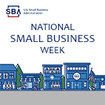 National Small Business Week is May 2-5, 2022; cartoon illustration of small business storefronts